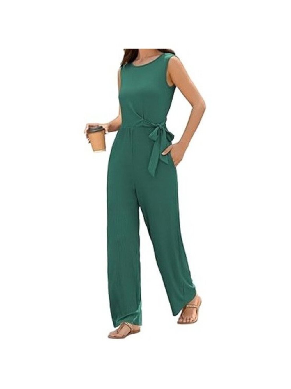 Zaful Womens One Piece Jumpsuite Casual Ribbed Sleeveless Pockets Dark Green XL